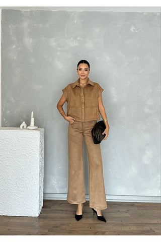 Kadın Yelekli Pantolonlu Süet Takım