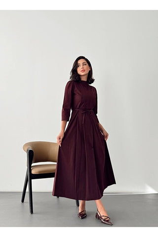 Kadın Pile Detaylı Uzun Boy Kuşaklı Özel Gün Günlük Elbise