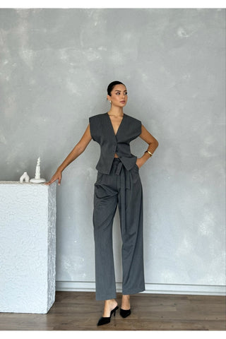 Kolsuz Kuplu Yelek Pantolon Günlük Şık Özel Gün Kadın Takım