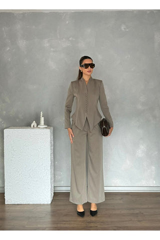 Vatkalı Önü Düğmeli Klasik Kadın Arven Ceket Pantolon Takım