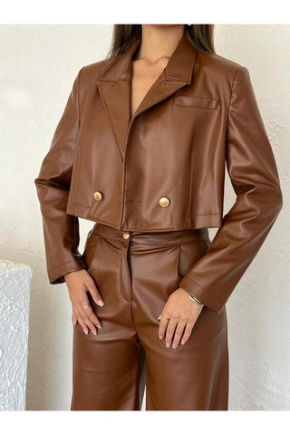 Kadın Deri Astarlı Kısa Ceket Pantolon Takım