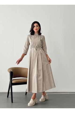 Kadın Pile Detaylı Uzun Boy Kuşaklı Özel Gün Günlük Elbise