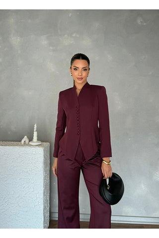 Vatkalı Önü Düğmeli Klasik Kadın Arven Ceket Pantolon Takım