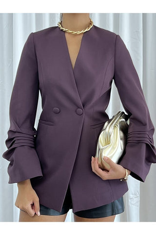 Kolu Büzgü Detaylı Astarlı Kadın Orta Boy Günlük Özel Gün Blazer Ceket