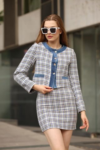 Denim Detaylı Kazayağı Desenli Ceket Etek Takım
