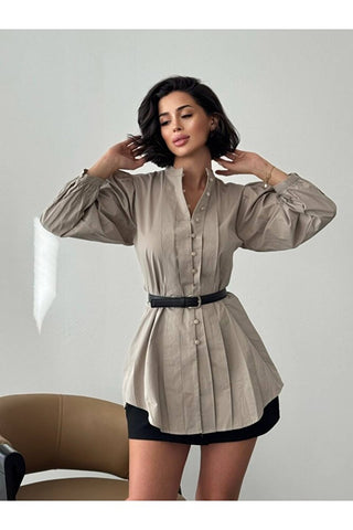 Önü Pileli Balon Kol Günlük Şık Gece Kadın Gömlek