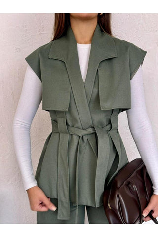 Rüzgarlık Detaylı Kuşaklı Kolsuz Kadın Şık Klasik Günlük Nişan Düğün Pantolon Yelek Takım