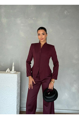 Vatkalı Önü Düğmeli Klasik Kadın Arven Ceket Pantolon Takım